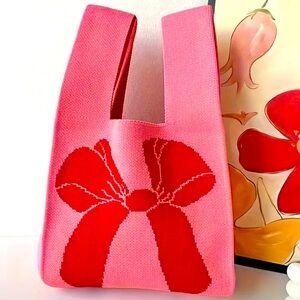 Heavy Woven Knit Pink Bow Pattern Tote Purse Bag Japanese Knot  Closure Style